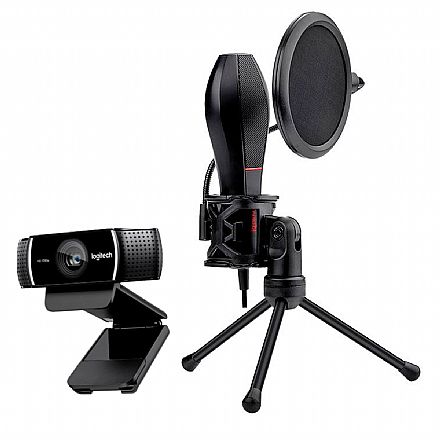 Webcam - Kit Streamer – Webcam Logitech C922 + Microfone Condensador Redragon Quasar
