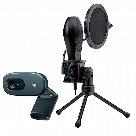 Webcam - Kit Streamer – Webcam Logitech C270 + Microfone Condensador Redragon Quasar