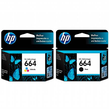 Cartucho - Pack de Cartuchos HP 664 - F6V28AB / F6V29AB - Preto + Colorido - para Deskjet Ink Advantage 1115 / 2136 / 4536 / 3636 / 3836 / 3635 / 3776 / 3788 / 3790 / 2676 / 4676