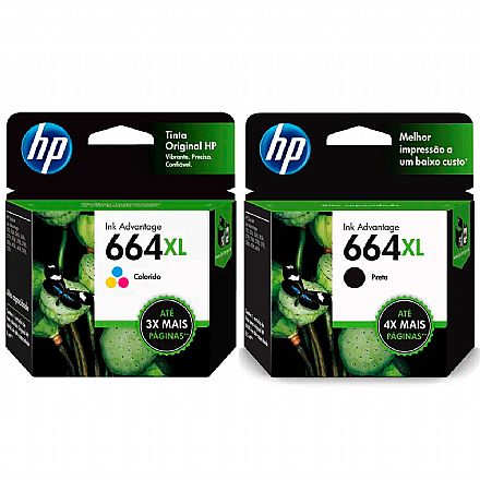 Cartucho - Pack de Cartuchos HP 664XL - F6V30AB / F6V31AB - Preto + Colorido - para Deskjet Ink Advantage 1115 / 2136 / 4536 / 3636 / 3836 / 3635 / 3776 / 3788 / 3790 / 2676 / 4676