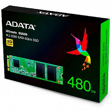 SSD - SSD M.2 480GB Adata Ultimate SU650 - SATA - 3D NAND - Leitura 550 MB/s - Gravação 510MB/s - ASU650NS38-480GT-C