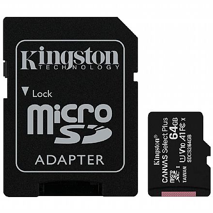 Cartão de Memória - Cartão 64GB MicroSD com Adaptador SD - Classe 10 - Velocidade até 100MB/s - Kingston SDCS2-64GB