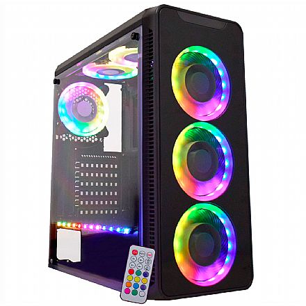 Gabinete - Gabinete Gamer K-Mex Infinity - Frontal em Vidro Temperado e Lateral em Acrílico - com 3 Coolers RGB e Fita RGB - com Controle Remoto - CG-10G8