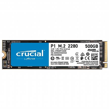 SSD - SSD M.2 500GB Crucial P1 - NVMe - Leitura 1900MB/s - Gravação 950MB/s - CT500P1SSD8