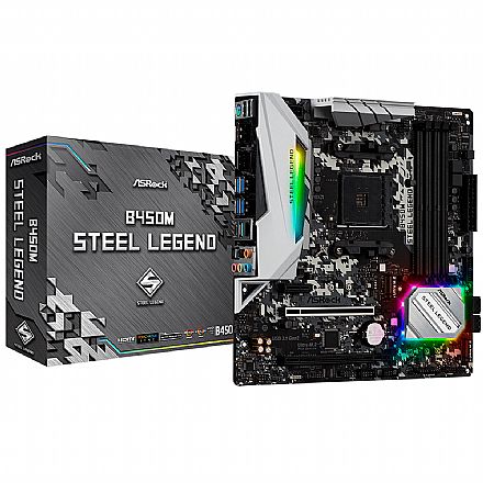 Placa Mãe para AMD - ASRock B450M Steel Legend (AM4 - DDR4 3533 O.C) - Chipset AMD Promontory B450 - LED RGB - USB 3.2 - Slot M.2 - Micro ATX