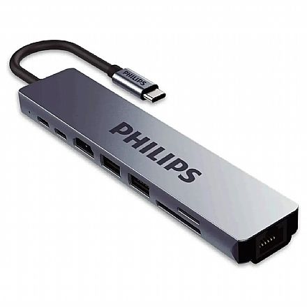 Cabo & Adaptador - Adaptador Conversor USB-C para HDMI 4K e Rede Gigabit - 2 x USB 3.0 - SD e TF - USB-C - Philips SWV6118G