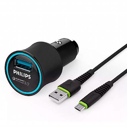 Carregadores - Carregador Veicular Ultra Rápido - 1 Saída USB e Cabo Micro USB - Quick Charge 3.0 - Philips DLP3520U/97