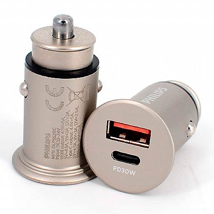 Carregadores - Carregador Veicular Rápido - USB e Tipo C - PD30W - Philips DLP5529C/97