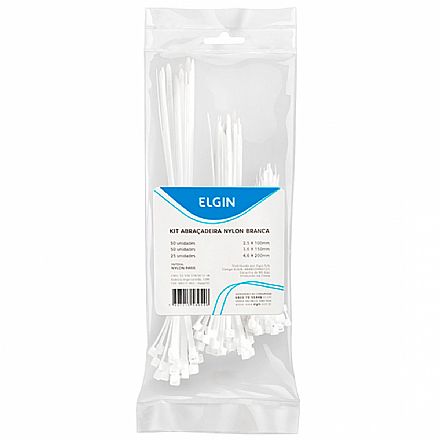 Ferramenta - Abraçadeira Nylon PA66 - Kit 3 tamanhos - 125 unidades - Branca - Elgin 46ABCOMBO125