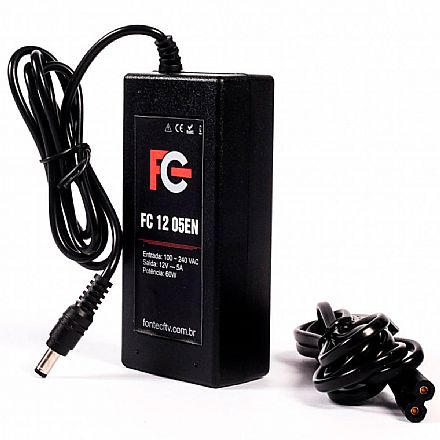 Segurança CFTV - Fonte 12V 5A - Plug P4 5,5 x 2,1mm - Bivolt - para CFTV - FC1205EN