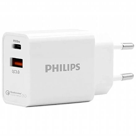 Carregadores - Carregador de Parede USB e USB C - Philips DLP4317CD/97 - 18W - USB Quick Charge 3.0 - Branco