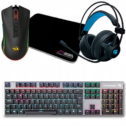 Kit Teclado e Mouse - Kit Gamer Mouse Cobra Chroma Redragon + Mousepad Bits Gamer + Teclado Mecânico Fortrek Black Hawk + Headset Fortrek G Pro H2