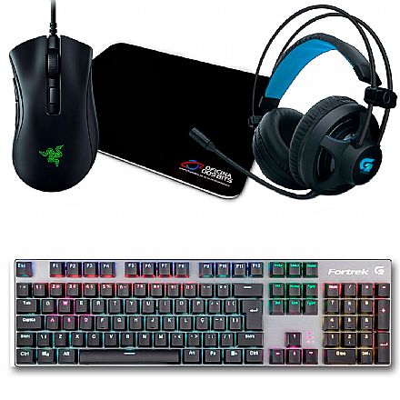 Kit Teclado e Mouse - Kit Gamer Mouse Razer DeathAdder V2 Mini + Mousepad Bits Gamer + Teclado Mecânico Fortrek Black Hawk + Headset Fortrek G Pro H2