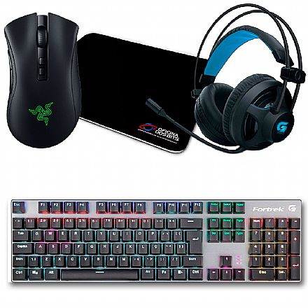 Kit Teclado e Mouse - Kit Gamer Mouse Razer DeathAdder V2 + Mousepad Bits Gamer + Teclado Mecânico Fortrek Black Hawk + Headset Fortrek G Pro H2