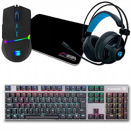 Kit Teclado e Mouse - Kit Gamer Mouse Fortrek Crusader + Mousepad Bits Gamer + Teclado Mecânico Fortrek Black Hawk + Headset Fortrek G Pro H2