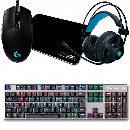 Kit Teclado e Mouse - Kit Gamer Mouse Logitech G203 Prodigy + Mousepad Bits Gamer + Teclado Mecânico Fortrek Black Hawk + Headset Fortrek G Pro H2