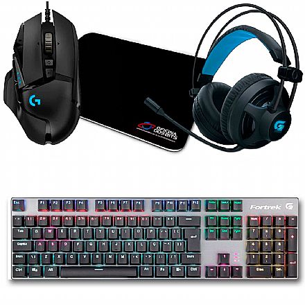 Kit Teclado e Mouse - Kit Gamer Mouse Logitech G502 Hero + Mousepad Bits Gamer + Teclado Mecânico Fortrek Black Hawk + Headset Fortrek G Pro H2