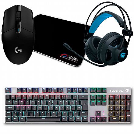 Kit Teclado e Mouse - Kit Gamer Mouse Logitech G305 Hero + Mousepad Bits Gamer + Teclado Mecânico Fortrek Black Hawk + Headset Fortrek G Pro H2