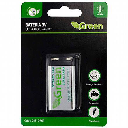 Bateria & Pilhas - Bateria 9V Alcalina Green - 6LR61 - 013-9701