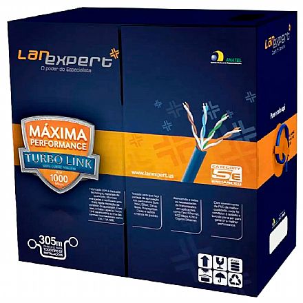 Cabo de rede - Caixa de Cabo UTP Cat 5e para rede - Lan Expert Turbo Link - 100% Cobre - Homologado - 305 metros - Azul