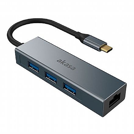 Placas e Adaptadores de rede - Adaptador USB-C para RJ45 - HUB 3 Portas USB 3.1 - Gigabit - Akasa AK-CBCA20-18BK