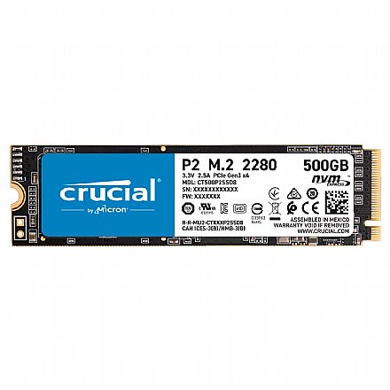 SSD - SSD M.2 500GB Crucial P2 - NVMe - Leitura 2300MB/s - Gravação 940MB/s - CT500P2SSD8