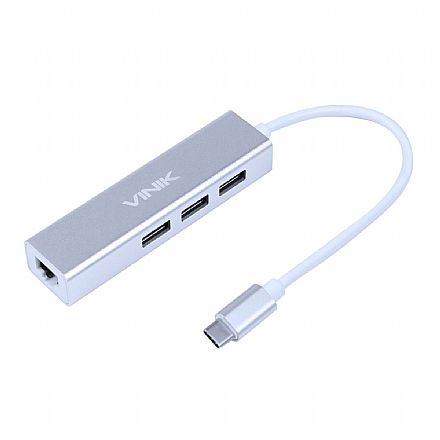 Placas e Adaptadores de rede - Adaptador USB-C para RJ45 - HUB 3 Portas USB 3.0 - Gigabit - Vinik HC-4RJ