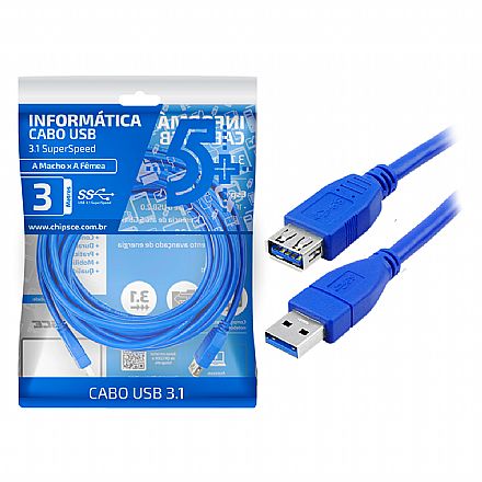 Cabo & Adaptador - Cabo Extensor USB 3.1 SuperSpeed - 3 metros - Chip Sce 018-7723