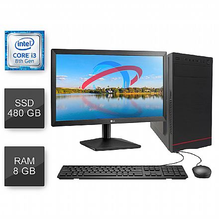 Computador - Computador Bits WorkHard - Intel i3 8100T, 8GB, SSD 480GB, Kit Teclado e Mouse, Monitor 19.5" LG 20MK400H-B, Freedos