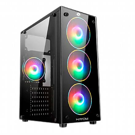 Gabinete - Gabinete Gamer Hayom GB1709 - Lateral em Vidro Temperado - USB 3.0 - 4 Coolers Inclusos - Mid Tower