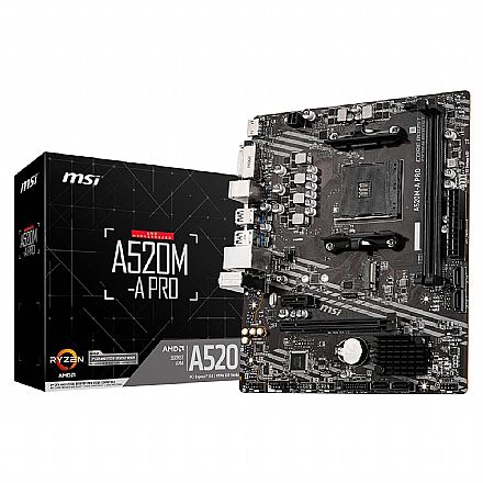 Placa Mãe para AMD - MSI A520M-A Pro (AM4 - DDR4 4600 O.C) - Chipset AMD A520 - USB 3.2 - Slot M.2 - Micro ATX