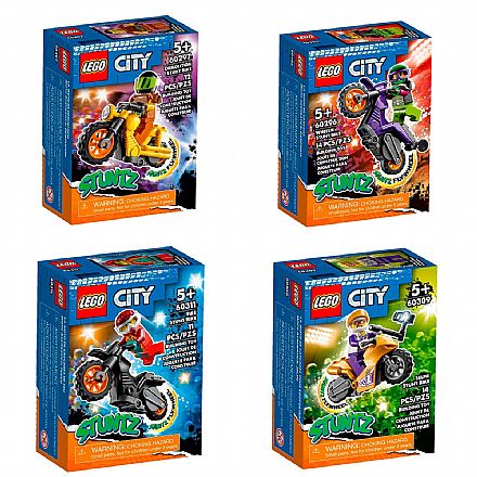 Brinquedo - Conjunto 4x Motos LEGO City Stuntz - Motocicleta de Acrobacias Demolidoras, Selfie, Bombeiros + Motocicleta de Wheeling