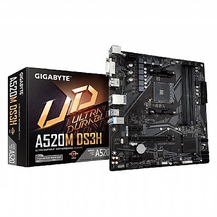 Placa Mãe para AMD - Gigabyte A520M DS3H (AM4 DDR4 4400 O.C) - Chipset AMD A520 - USB 3.2 - Slot M.2 - Micro ATX