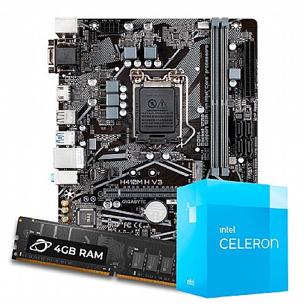 Kit Upgrade - Kit Upgrade Processador Intel® Celeron® G5905 + Placa Mãe GIGABYTE H410M-H V3 + Memória 4GB DDR4
