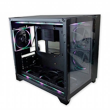 Gabinete - Gabinete Gamer PCYES Forcefield Black Vulkan - Lateral e Frontal em Vidro Temperado - USB 3.0 - Micro ATX - Preto - GFFBVP controladora + 9 fans RGB inclusos