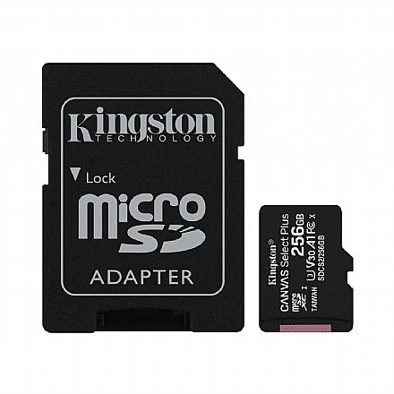 Cartão de Memória - Cartão 256GB MicroSD com Adaptador SD - Classe 10 - Velocidade até 100MB/s - Kingston SDCS2-256GB