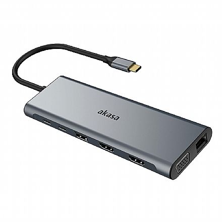 Cabo & Adaptador - Adaptador Conversor USB-C para 2 HDMI 4K - VGA - 5 Portas USB - Leitor de Cartão - USB-C PD - RJ45 - P3 - Akasa AK-CBCA28-18BK