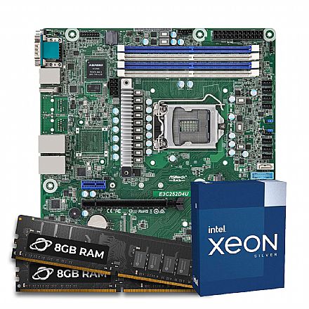 Servidor - Kit Upgrade Servidor - Processador Intel® Xeon® E-2324G + Placa Mãe Server ASRock E3C252D4U + Memória ECC 16GB DDR4 (2x 8GB)