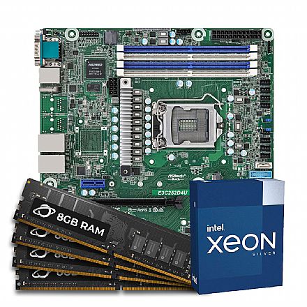 Servidor - Kit Upgrade Servidor - Processador Intel® Xeon® E-2324G + Placa Mãe Server ASRock E3C252D4U + Memória ECC 32GB DDR4 (4x 8GB)