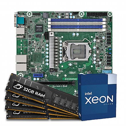 Servidor - Kit Upgrade Servidor - Processador Intel® Xeon® E-2324G + Placa Mãe Server ASRock E3C252D4U + Memória ECC 128GB DDR4 (4x 32GB)