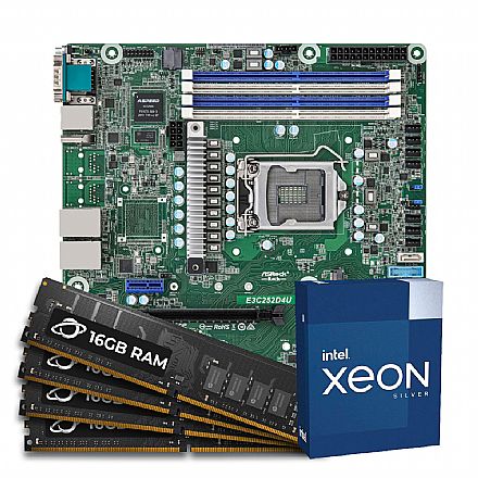 Servidor - Kit Upgrade Servidor - Processador Intel® Xeon® E-2324G + Placa Mãe Server ASRock E3C252D4U + Memória ECC 64GB DDR4 (4x 16GB)