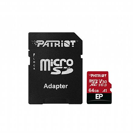 Cartão de Memória - Cartão 64GB Micro SDXC com Adaptador SD - Classe 10 U3 - Velocidade até 90MB/s - Patriot Ep Series PEF64GEP31MCX