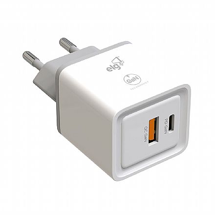 Carregadores - Carregador de Parede USB e USB-C - ELG W35GAN - 30W - Carregamento Ultra Rápido - Branco