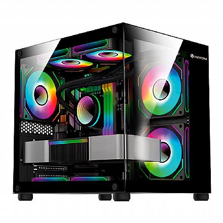 Gabinete - Gabinete Gamer Aquário Hayom GB1796 - Vidro Temperado - Inclusos 4 FANs 120mm - Micro ATX - Preto