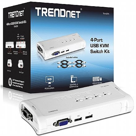 Cabo & Adaptador - Chaveador KVM TrendNet TK-407K - 4 computadores em 1 monitor, teclado e mouse - USB - com Cabos KVM Inclusos