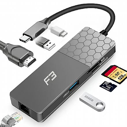 Cabo & Adaptador - Adaptador Conversor USB-C para HDMI 4K - 2 Portas USB - Rede Gigabit RJ45 - Leitor de Cartão - USB-C power - F3 JC-TYC-760