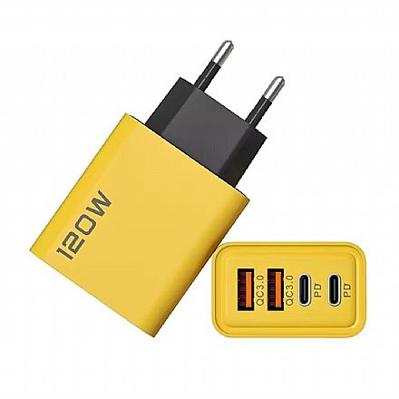 Carregadores - Carregador de Parede USB e USB-C - Fast Charge - 120W - Carregamento Rápido - Com Cabo - Amarelo - KO-71