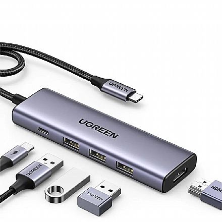 Adaptador Conversor USB-C para HDMI 4K - 3 portas USB - PD 100W - Ugreen CM511 Cabo & Adaptador - Adaptador Conversor USB-C para HDMI 4K - 3 portas USB - PD 100W - Ugreen CM511