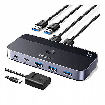 Switch KVM Ugreen CM662 - 2 USB para 2 Computadores - Entrada USB-C + 3 USB Cabo & Adaptador - Switch KVM Ugreen CM662 - 2 USB para 2 Computadores - Entrada USB-C + 3 USB