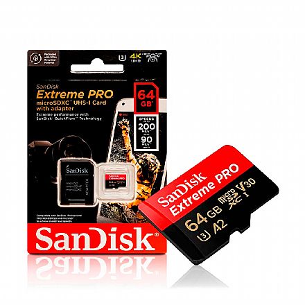 Cartão 64GB Micro SD - Classe 10 - 200MB/s - com Adaptador - SanDisk Extreme Pro - SDSQXCU-064G-GN6MA Cartão de Memória - Cartão 64GB Micro SD - Classe 10 - 200MB/s - com Adaptador - SanDisk Extreme Pro - SDSQXCU-064G-GN6MA